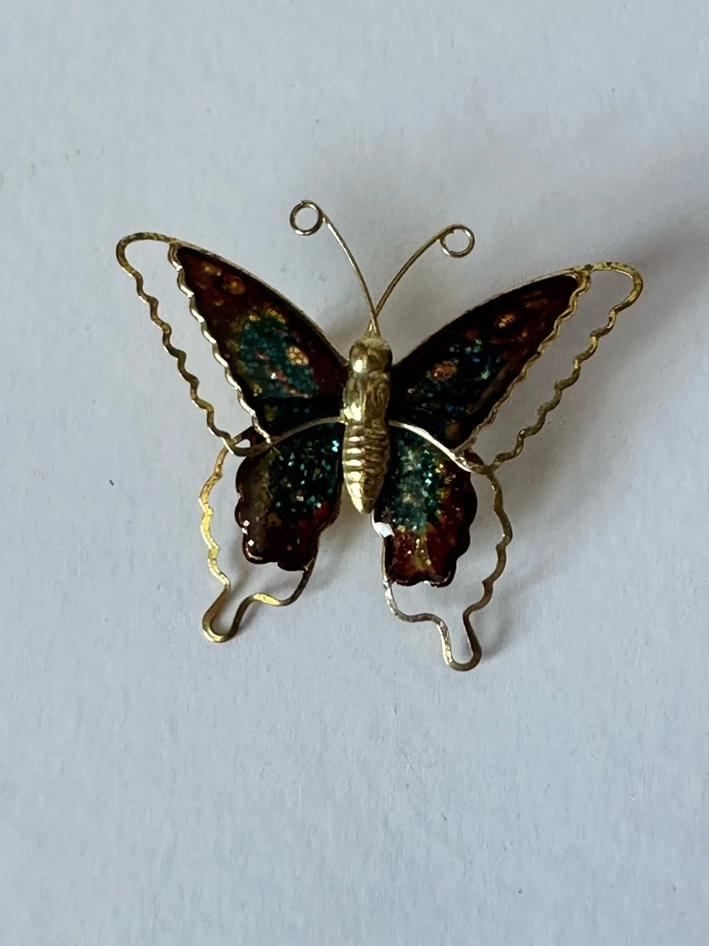 Vintage Butterfly Multicolor Enamel Cloisonne Brooch Pin in Gold Tone
